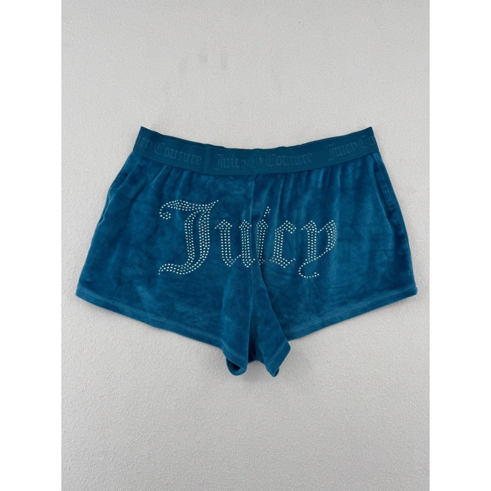 Juicy Couture Womens Velour Sleep Shorts Teal Blue Rhinestone Logo Y2K‎ Size S